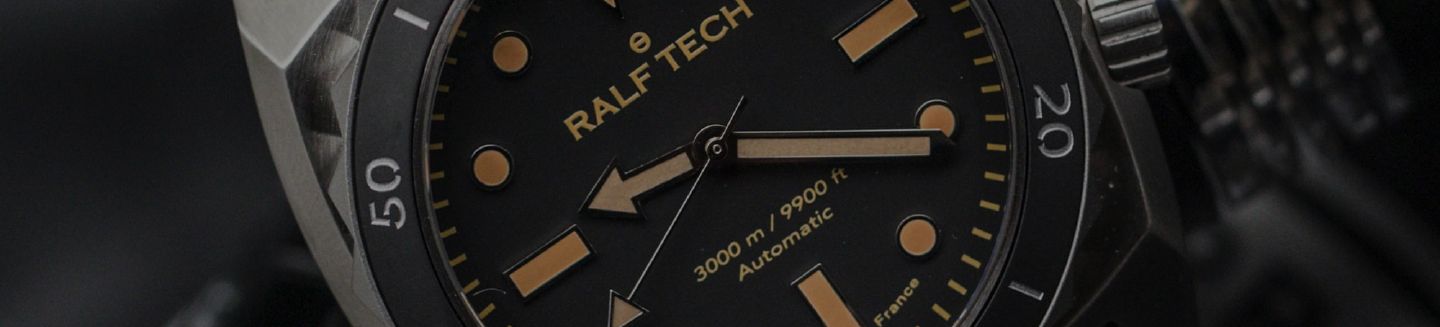 Gros plan du cadran et du verre saphir d’une montre RALF TECH